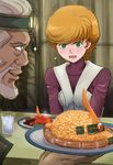  1girl audrey_burne beard blush brown_hair cup facial_hair food gacha-m green_eyes gundam gundam_unicorn highres hot_dog md5_mismatch nori_(seaweed) open_mouth rice short_hair sweatdrop water white_hair zaku_ii_s_char_custom 