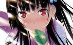  black_hair blush close-up flower hattori_mitsuru hydrangea leaf long_hair mouth_hold red_eyes sanka_rea sankarea school_uniform solo 