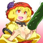  :d aki_minoriko between_breasts blonde_hair breasts choker cleavage commentary food food_themed_clothes fruit gomi_ichigo grapes hand_between_breasts hands hat highres large_breasts neck_ribbon no_bra open_mouth red_eyes ribbon ribbon_choker short_hair smile solo steam sweat touhou trembling upper_body 