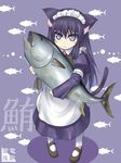  animal_ears apron blush_stickers cat_ears cat_tail fish holding long_hair maid maid_headdress mary_janes necktie original pigeon-toed purple_eyes purple_hair shoes slit_pupils tail tuna yamaura_tamaki 