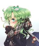  alternate_costume bag blush close-up coat coffee contemporary cup drink enpera face gloves green_eyes green_hair highres keychain kochiya_sanae lips long_hair looking_at_viewer namisaki_yuka pout pyonta scarf simple_background solo touhou upper_body winter_clothes 