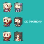  3girls akane_(ar_tonelico) aqua_background ar_tonelico ar_tonelico_i ar_tonelico_ii chibi full_body graphig jakuri lowres michitaka_ayatane multiple_girls pixel_art rufan simple_background sitting suzuoka_mizuki 