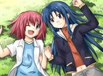  blue_hair grass holding_hands kawashima_ami kushieda_minori long_hair lying multiple_girls one_eye_closed purple_eyes red_eyes red_hair short_hair toradora! youyan 