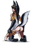  animal_ears anubis ass black_hair breasts claws dark_skin dog_ears dog_tail egyptian egyptian_mythology from_behind fur gold grin highres jewelry kneeling medium_breasts monster_girl panties panty_pull shoka smile solo tail underwear 