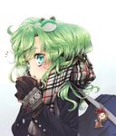  alternate_costume bag blush close-up coat coffee contemporary cup drink enpera face gloves green_eyes green_hair highres keychain kochiya_sanae lips long_hair looking_at_viewer namisaki_yuka pyonta scarf simple_background solo touhou upper_body winter_clothes 