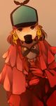  blush bow brown_eyes brown_hair cosplay deerstalker detective doujima_nanako facial_hair gloves hair_bow hat magical_detective_loveline magical_detective_loveline_(cosplay) monocle mustache persona persona_4 solo staff twintails yuzuaki 