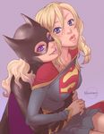  batgirl batman_(series) blonde_hair blue_eyes costume dc_comics gloves hug hug_from_behind lips mask multiple_girls purple_eyes ricken smile stephanie_brown supergirl superman_(series) 