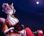  animal_ears bb_(baalbuddy) blush breasts brown_hair cleavage closed_eyes colorized field flower fox_ears full_moon hair_flower hair_ornament hair_rings hair_up hand_in_hair japanese_clothes kimono kongiku lap_pillow large_breasts leaf leaf_on_head momohime moon multiple_girls night night_sky obi oboro_muramasa sash side_slit silver_hair sky sleeping 