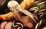  ass blush breasts dark_skin food green_eyes hair_as_food highres in_bowl in_container in_food letterboxed long_hair minigirl noodles nori_(seaweed) nude original personification shrimp shrimp_tempura sideboob silver_hair small_breasts solo soup standing tempura udon zenn 