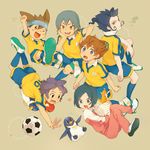  5boys ball bird blue_eyes blue_hair bottle brown_eyes brown_hair falling friends green_hair inazuma_eleven_(series) inazuma_eleven_go kageyama_hikaru kariya_masaki long_hair matsukaze_tenma multiple_boys nishizono_shinsuke open_mouth penguin shina-love short_hair sleeves_rolled_up smile soccer_ball soccer_uniform sorano_aoi sportswear telstar towel track_suit tsurugi_kyousuke water_bottle yellow_eyes 