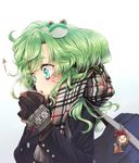  alternate_costume bag blowing blue_eyes blush close-up coat coffee contemporary cup drink enpera face gloves green_hair highres keychain kochiya_sanae lips long_hair namisaki_yuka pyonta scarf simple_background solo touhou upper_body winter_clothes 