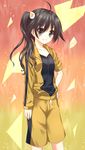  ahoge araragi_karen bakemonogatari black_eyes black_hair camisole collarbone eyebrows_visible_through_hair grin highres hood hooded_track_jacket hoodie jacket monogatari_(series) nisemonogatari shorts side_ponytail sleeves_pushed_up smile sogaya solo track_jacket 