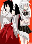  black_hair collar cosplay costume_switch detached_sleeves gag gagged grey_hair highres inubashiri_momiji multiple_girls nail_polish red_eyes rui_(hershe) shameimaru_aya touhou wings 