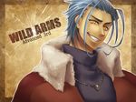  blue_hair brown_background coat copyright_name earrings grin janus_cascade jewelry male_focus necklace rouko_(shichizai_shichifuku) smile solo wild_arms wild_arms_3 yellow_eyes 