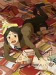 bangs black_hair blush bob_cut book book_on_head command_spell dotaku fate/zero fate_(series) full_body green_eyes lying male_focus object_on_head open_mouth parted_bangs pile_of_books solo too_many too_many_books waver_velvet 