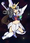  after_war_gundam_x amputee beam_rifle brown_hair cosplay drawfag energy_gun error gun gundam gundam_x mecha_musume midriff navel personification solo space tiffa_adill weapon 