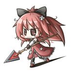  aoblue blood blush bow chibi hair_bow highres long_hair mahou_shoujo_madoka_magica polearm red_hair sakura_kyouko solo spear weapon 