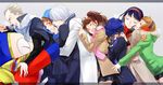  4girls amagi_yukiko bear black_hair blonde_hair blue_eyes blue_hair blush brown_eyes brown_hair cabbie_hat closed_eyes earmuffs fur_trim gloves grey_hair group_hug hairband hanamura_yousuke happy hat hood hoodie hug jacket kujikawa_rise kuma_(persona_4) long_hair mogmahiru multiple_boys multiple_girls narukami_yuu open_mouth persona persona_4 reverse_trap satonaka_chie scarf shirogane_naoto short_hair silver_hair skirt smile tatsumi_kanji twintails winter_clothes 