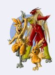  beak bird bittenhard blaziken blue_eyes breasts chicken claws combusken feathers female fur hair long_hair nintendo orange orange_eyes orange_fur plain_background pok&#233;mon pok&eacute;mon red red_fur torchic video_games white_background 