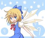  1girl alice_margatroid alice_margatroid_(pc-98) blonde_hair blue_eyes bow cirno cirno_(cosplay) cosplay dress hair_bow mikan_imo open_mouth ribbon short_hair smile solo touhou touhou_(pc-98) wings 