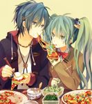  1girl akiyoshi_(tama-pete) aqua_eyes aqua_hair bow bowtie couple eating food food_on_face green_eyes green_hair hair_ornament hairclip hatsune_miku hetero holding_pizza hood hoodie ice_cream ice_cream_on_face jewelry kaito long_hair nail_polish necklace open_mouth pizza spring_onion sweater twintails vocaloid 