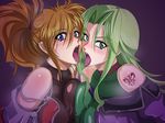  asymmetrical_docking banned_artist bare_shoulders blonde_hair blue_eyes blush breast_press breasts covered_nipples excellen_browning green_eyes green_hair lamia_loveless large_breasts lipstick looking_at_viewer makeup multiple_girls non-web_source ponytail raburebo super_robot_wars super_robot_wars_original_generation symmetrical_docking tongue tongue_out 