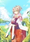  ahoge bad_id bad_pixiv_id brown_eyes cloud day flower grey_hair hair_flower hair_ornament highres horns japanese_clothes kimono looking_at_viewer mountain nibiiro_shizuka ofuda original parted_lips plantar_flexion ponytail sitting sky solo stone tabi youkai 