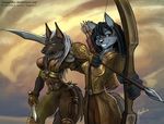  aiming anthro anubian_jackal archer armor arrow bow bow_(weapon) breasts canine couple duo fantasy female green_eyes jackal knife magolobo mammal ranged_weapon smile sword warrior weapon wolf 