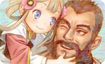  1girl beard blue_eyes brown_hair child facial_hair flower highres kayvan last_exile last_exile:_gin'yoku_no_fam murata_renji mustache official_art sara_(last_exile) scan smile 