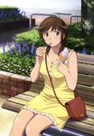  absurdres amagami bag bench brown_eyes brown_hair dress flower food highres ice_cream long_hair moroishi_miyuki nyantype official_art sakurai_rihoko scan sitting solo spoon 