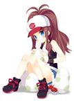  bare_shoulders blue_hair blush brown_hair denim egg full_body hat long_hair meito_(maze) poke_ball pokemon pokemon_(game) pokemon_bw shoes short_shorts shorts simple_background sitting solo tank_top touko_(pokemon) white_background wide_ponytail wristband 