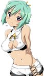  aquarion_(series) aquarion_evol blush breasts cleavage cleavage_cutout covered_nipples ekakibito green_hair medium_breasts midriff navel no_panties purple_eyes short_hair short_shorts shorts solo zessica_wong 