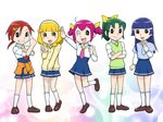  aoki_reika black_eyes blonde_hair blue_hair blue_neckwear blush clothes_around_waist eyelashes fujiko_f_fujio_(style) green_hair hairband hino_akane_(smile_precure!) hoshizora_miyuki kise_yayoi long_hair midorikawa_nao multiple_girls nanairogaoka_middle_school_uniform necktie one_eye_closed orange_hair parody pink_hair pink_neckwear ponytail precure school_uniform short_hair sleeves_rolled_up smile_precure! style_parody sweater sweater_around_waist sweater_vest ueyama_michirou v white_hairband yellow_eyes 