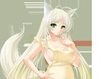  animal_ears apron artist_request blush breasts fox_ears fox_tail green_eyes light_smile long_hair naked_apron pale_skin pregnant sideboob slit_pupils solo tail very_long_hair white_hair 