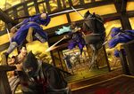  architecture armor bad_id bad_pixiv_id battle black_hair bleeding blood brown_eyes brown_hair clenched_teeth east_asian_architecture hair_over_one_eye highres injury japanese_armor japanese_clothes jumping katana kisuke male_focus mask motion_blur multiple_boys ninja oboro_muramasa samurai sandals scarf sheath sheathed short_sword skull sword teeth visualcat weapon 