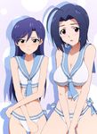  ahoge bad_id bad_pixiv_id bare_shoulders bikini blue_hair blush breasts brown_eyes cleavage embarrassed highres idolmaster idolmaster_(classic) kisaragi_chihaya long_hair medium_breasts midriff miura_azusa multiple_girls navel red_eyes sailor_bikini sailor_collar sailor_swimsuit_(idolmaster) short_hair side-tie_bikini swimsuit taku1122 