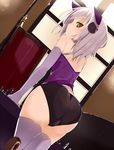  animal_ears ass bad_id bad_pixiv_id bare_shoulders blurry board_game cat_ears chair chess chess_piece depth_of_field dutch_angle elbow_gloves gloves hair_ornament hairpin high_school_dxd leaning_forward looking_back purple_legwear silver_hair soburi solo thighhighs toujou_koneko yellow_eyes 