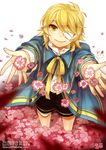  amelie999 bandage_over_one_eye bandages blonde_hair flower male_focus no_hat no_headwear oliver_(vocaloid) sailor signature smile solo vocaloid watermark web_address yellow_eyes 
