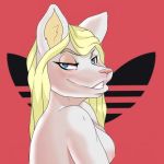  adidas anthro blonde_hair blue_eyes breasts canine covering fan_character female hair half-closed_eyes mammal nipples seductive solo spoongoon wolf 