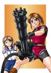  2girls age_difference blonde_hair brown_hair child claire_redfield comic cover gun hairband loli minigun multiple_girls ponytail resident_evil resident_evil_2 sherry_birkin source_request torn_clothes weapon 