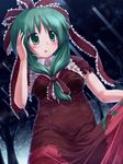  blush cloud cloudy_sky dress forest front_ponytail green_eyes green_hair hair_ribbon hand_in_hair highres kagiyama_hina lzh nature open_mouth red_dress ribbon sky solo touhou wet wet_clothes wet_dress wet_hair 