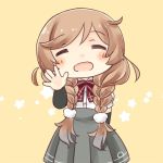 1girl =_= arm_warmers beige_background bow bowtie braid chibi facing_viewer hinata_yuu kantai_collection light_brown_hair long_hair minegumo_(kantai_collection) open_mouth plaid_neckwear pleated_skirt red_neckwear shirt simple_background skirt solo star starry_background suspenders twin_braids waving_arm white_shirt 