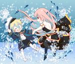  1girl bandages blonde_hair bubble chibi fish hat holding_hands long_hair megurine_luka miza-sore oliver_(vocaloid) open_mouth pink_hair sailor_hat short_hair shorts smile thighhighs underwater vocaloid 