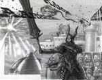  armor dark_souls dragon heart heart_eyes helmet highres horns huge_weapon knight monochrome multiple_boys solaire_of_astora souls_(from_software) sword traditional_media weapon 