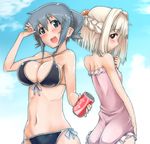  bikini blonde_hair blue_eyes blue_hair breasts brown_eyes can casual_one-piece_swimsuit cleavage coca-cola half_updo hidamari_sketch kagami_uekusa large_breasts multiple_girls nazuna nori one-piece_swimsuit short_hair small_breasts soda_can swimsuit twintails 