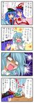  4koma blank_eyes blue_hair comic food fruit hat highres hinanawi_tenshi multiple_girls nagae_iku peach purple_hair red_eyes shaded_face tatara_kogasa touhou translated yuzuna99 