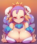  1girl bare_shoulders blue_hair breast_press breasts cleavage crown double_v eclair eclair_(la_pucelle) erect_nipples female huge_breasts la_pucelle nipples pink_eyes princess puffy_nipples simple_background skull solo upper_body upset v zako_(arvinry) 