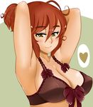  1girl armpits arms_up bra breasts female freckles gunneko large_breasts lingerie red_hair short_hair solo underwear upper_body yellow_eyes 