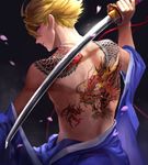  back back_tattoo blonde_hair cherry_blossoms dragon dragon_tattoo from_behind ivan_karelin japanese_clothes kame4282 katana male_focus petals purple_eyes shirtless solo sword tattoo tiger_&amp;_bunny weapon 