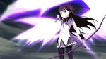  :3 akemi_homura argyle argyle_legwear banned_artist black_hair black_legwear bow_(weapon) dark_sky hair_ribbon kyubey long_hair magical_girl mahou_shoujo_madoka_magica moon moritan official_style pantyhose purple_eyes ribbon skirt sky spoilers weapon wind wings 